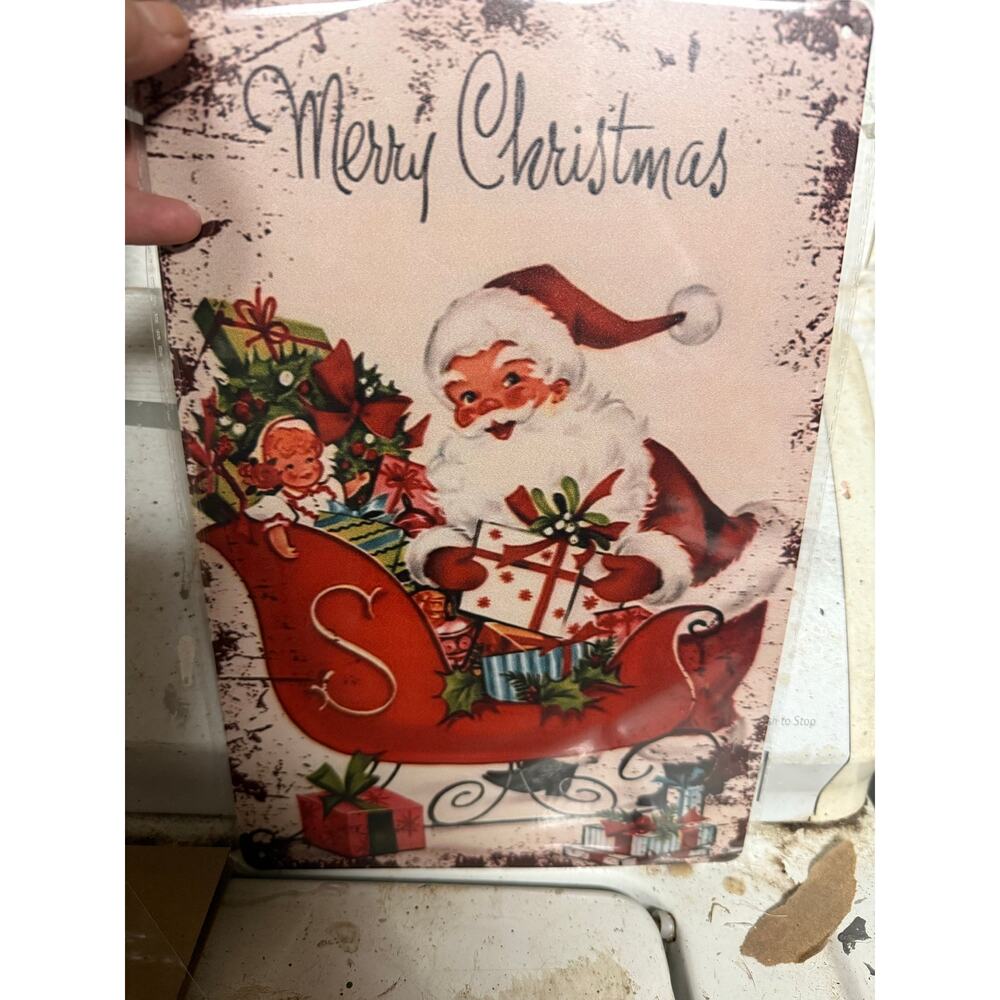 Vintage inspired tin Santa sign